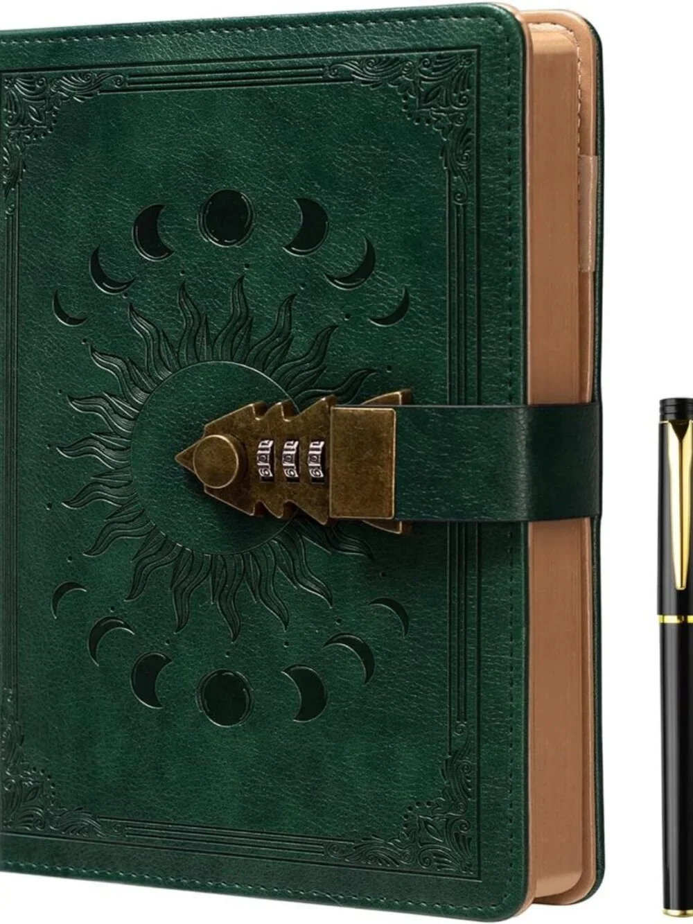 Lockable A5 Journal with Pen, 240 Pages, Refillable Leather Diary, Dark Green